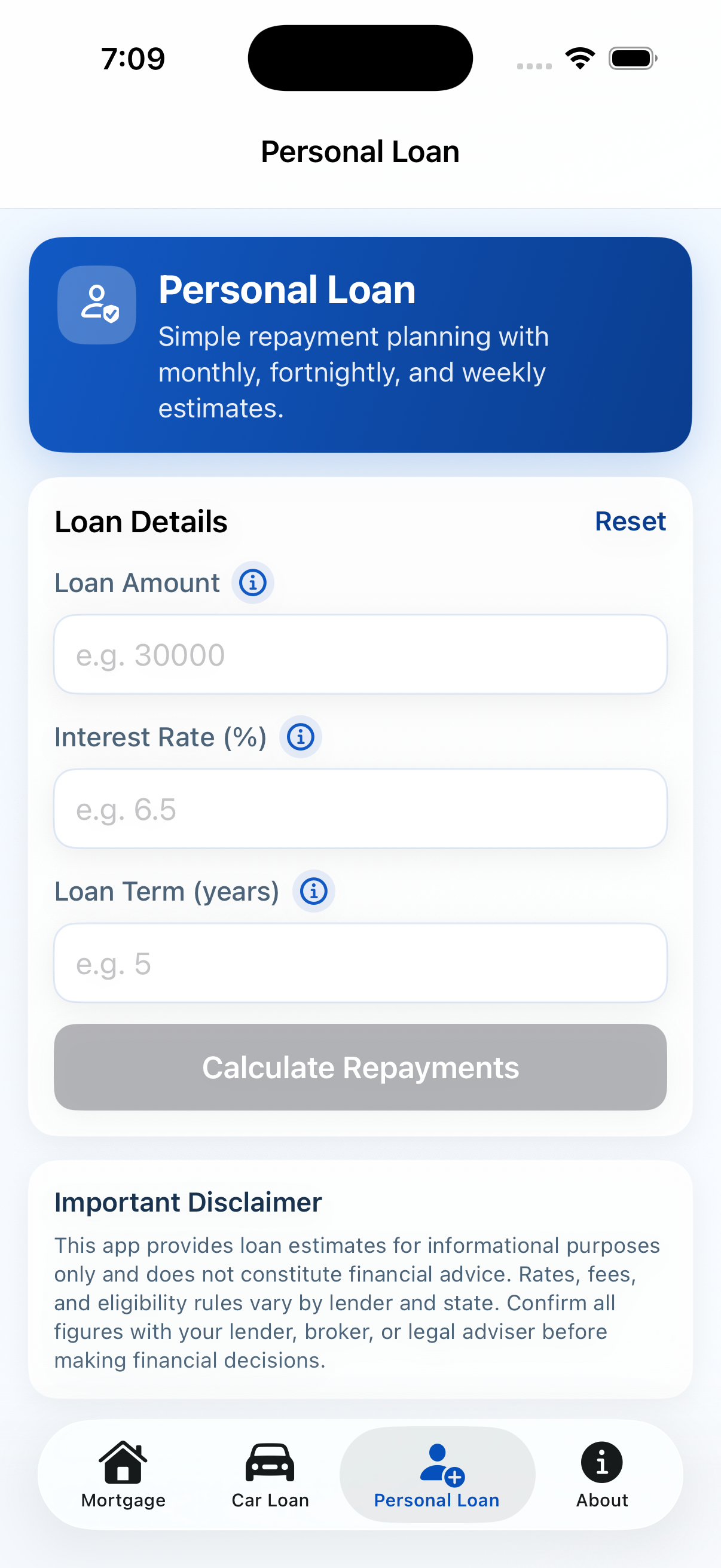 Loan calculation details and repayment result screen